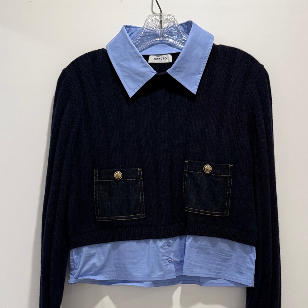 Sandro Navy Knit Sweater with Light Blue Attached Collar